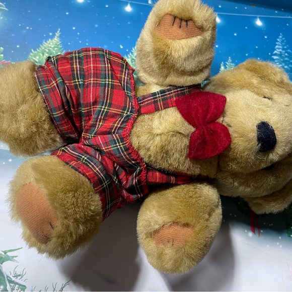 Manley Toys plush brown 8" bear with Christmas plaid outfit nice condition - Picture 2 of 3
